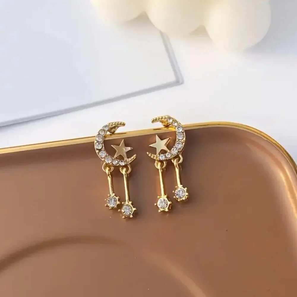 NEW Crescent moon and star earrings, celestial jewelry gold moon dangle earrings
